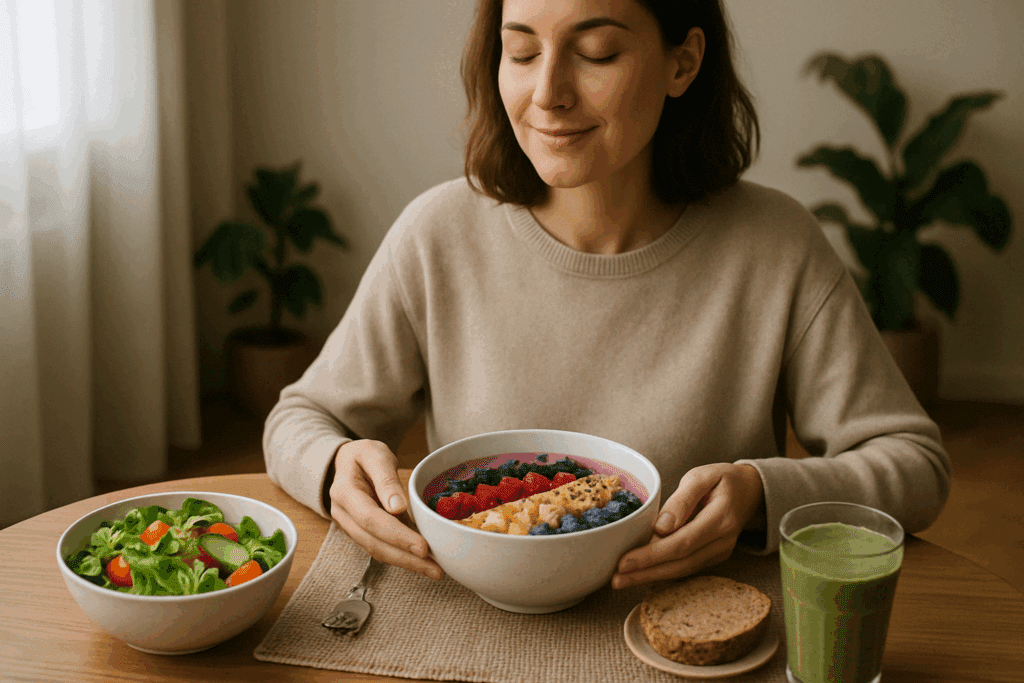 Woman peacefully enjoying a whole foods diet meal with salad, smoothie bowl, and whole grain bread at a calm dining table.