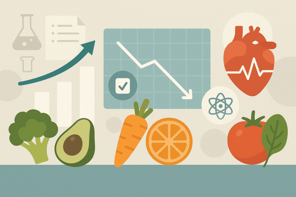 Infographic showing scientific benefits of a whole foods diet with icons for lower BMI, diabetes risk reduction, and heart health improvements