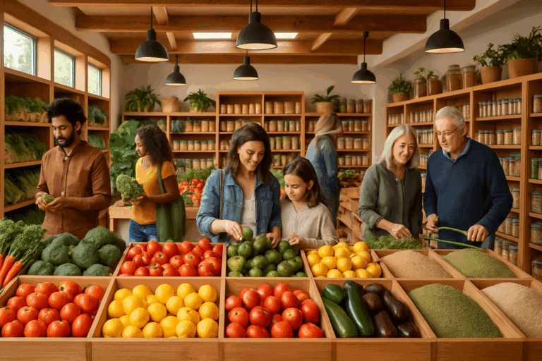 Modern organic grocery store with diverse shoppers browsing fresh produce, evoking the vision of the CEO of Whole Foods Market.