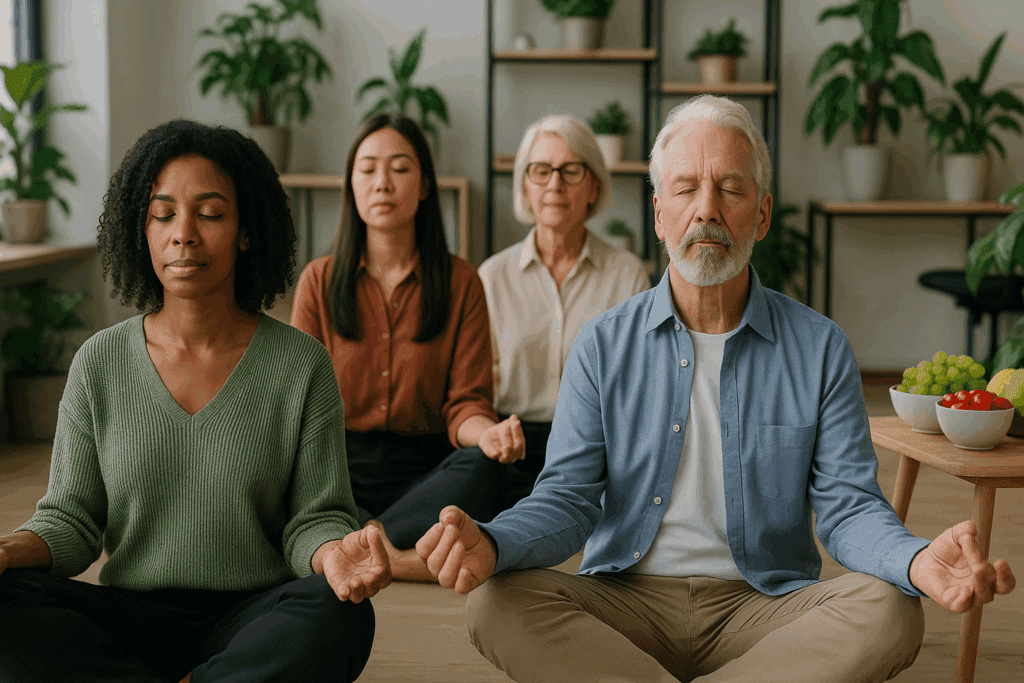 How the Founder and CEO of Whole Foods Market Changed the Way We Eat: Lessons in Healthy Living and Mindful Nutrition 3 Employees of diverse backgrounds meditating in a wellness session at a modern office, promoting values supported by the CEO of Whole Foods Market.