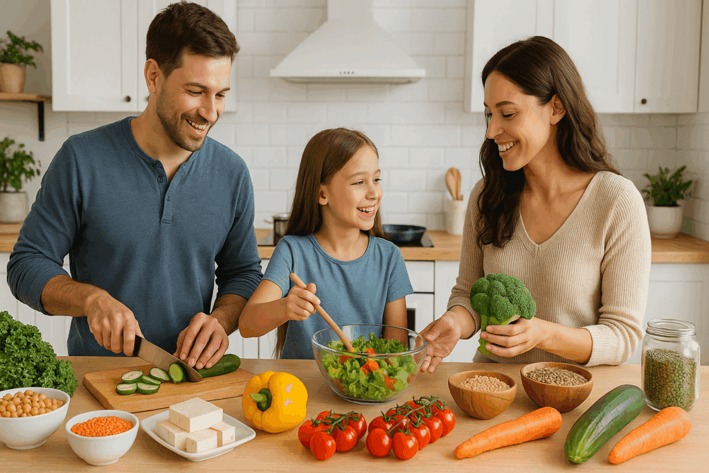 How the Founder and CEO of Whole Foods Market Changed the Way We Eat: Lessons in Healthy Living and Mindful Nutrition 4 Young family cooking colorful organic food in a modern kitchen, reflecting the lifestyle promoted by the CEO of Whole Foods Market