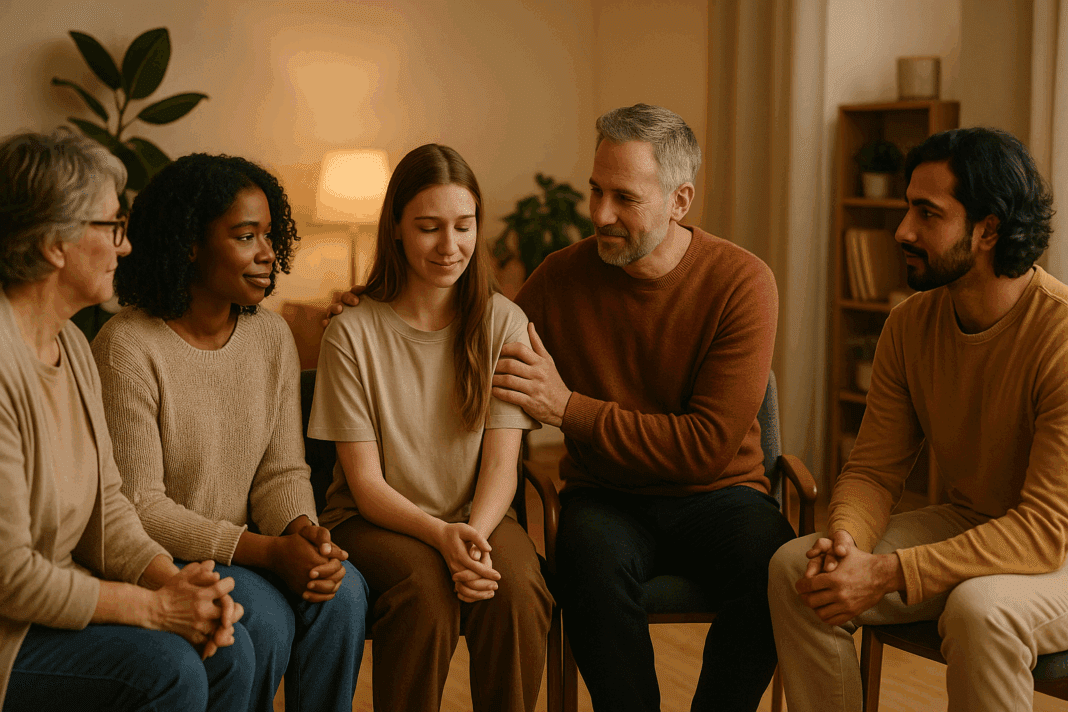 Support group meeting symbolizing the National Alliance for Eating Disorders’ community and recovery efforts.