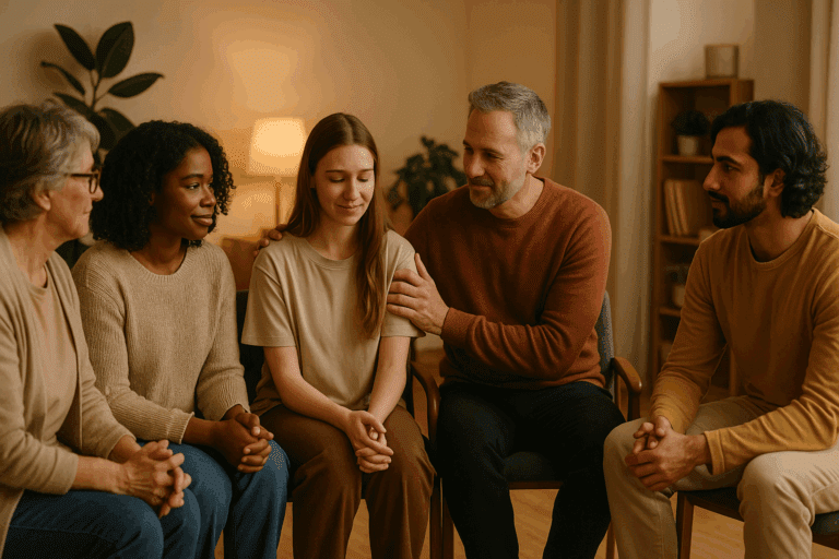 Support group meeting symbolizing the National Alliance for Eating Disorders’ community and recovery efforts.