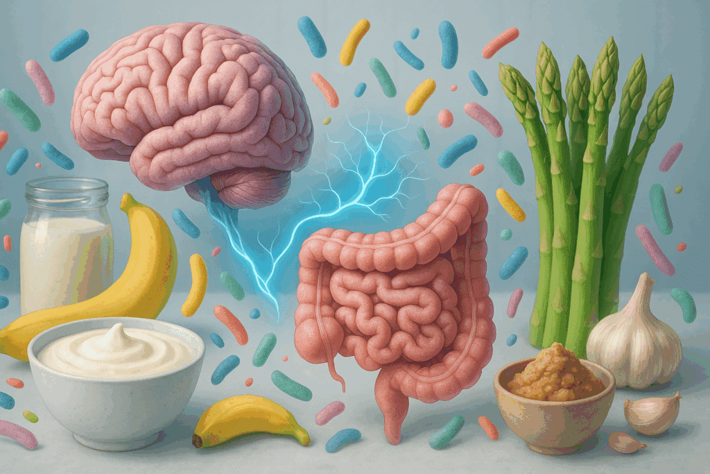 Stylized illustration of the gut-brain axis showing glowing neural pathways between brain and intestines, surrounded by microbiota and probiotic foods like yogurt, kefir, garlic, and bananas—conceptually representing how to battle depression naturally.
