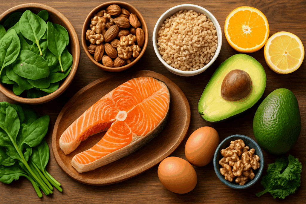 Nutrient-rich flat lay with salmon, leafy greens, nuts, whole grains, avocados, eggs, and citrus fruits to help battle depression naturally.