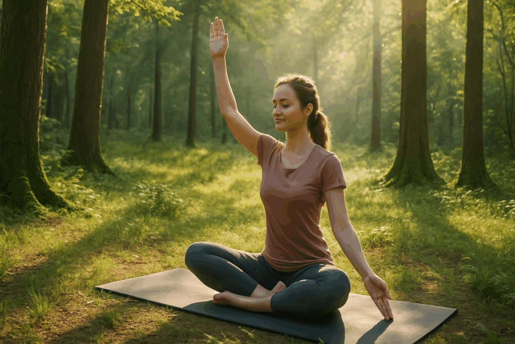 Woman practicing yoga on a mat in a sunlit forest clearing, showing how to battle depression naturally through mindful movement in nature