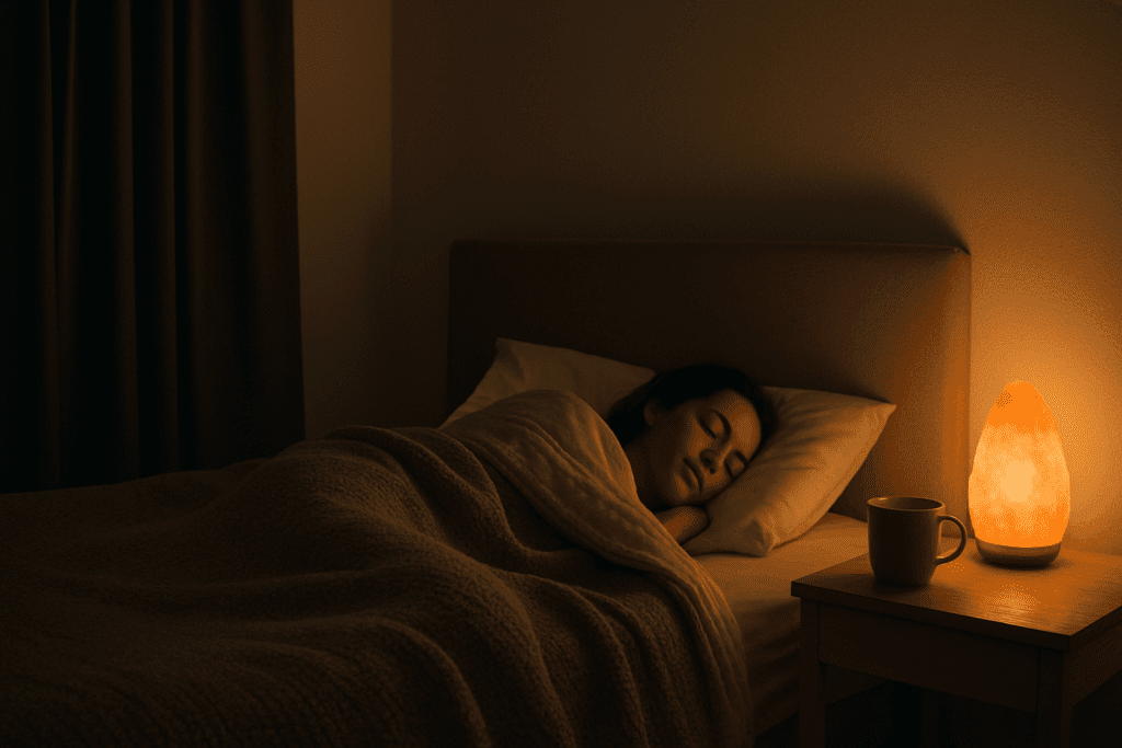 Peaceful bedroom with soft lighting, salt lamp, and cozy blanket where a woman sleeps calmly—ideal space to battle depression naturally.