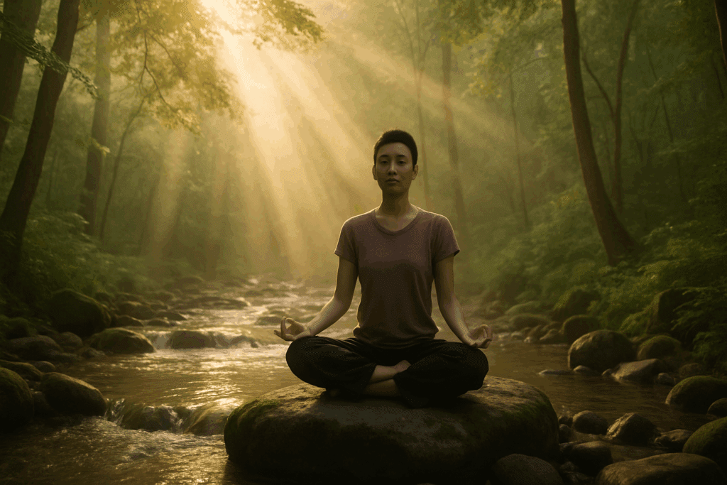 Person meditating by a peaceful forest stream with sunlight filtering through trees, symbolizing how to battle depression naturally through mindfulness.