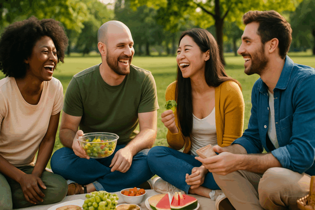 Diverse friends laughing and sharing healthy food at a picnic in the park, showing how social connection can help battle depression naturally