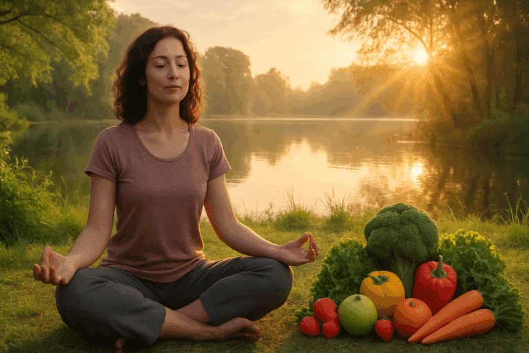 Woman meditating by a serene lake at sunrise with fruits and vegetables nearby, symbolizing how to battle depression naturally.
