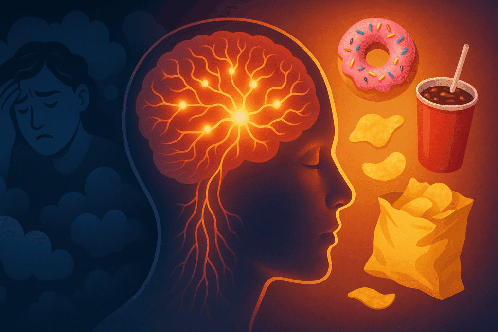 Visual representation of how the brain’s reward system is triggered by hyper-palatable foods, like donuts, chips, and soda, highlighting emotional distress like anxiety and sadness, and addiction pathways, for understanding how to break food addiction