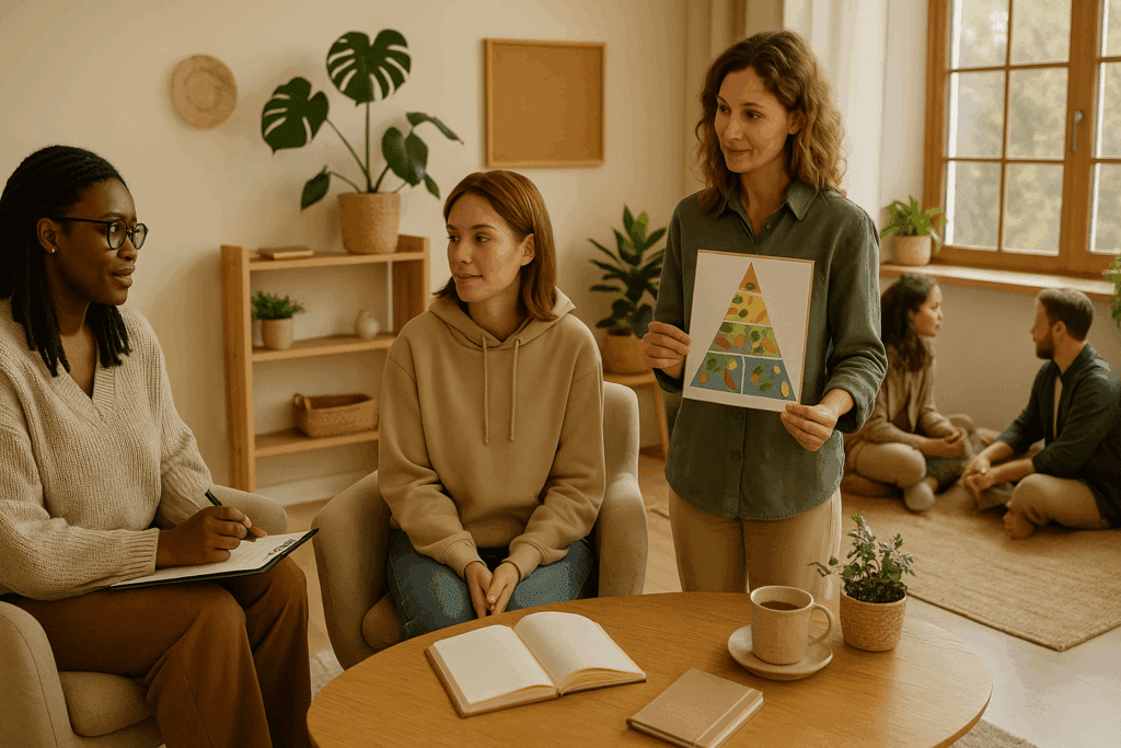 A cozy therapy room with a nutritionist, therapist, and a young woman discussing holistic treatment options, reflecting How to Break Food Addiction. The room features calming decor, houseplants, and a food chart for balanced nutrition