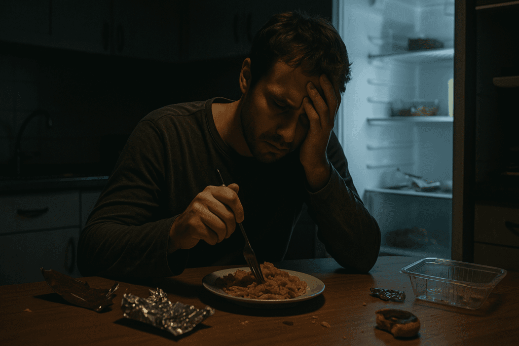 Man sitting alone in a dimly lit kitchen late at night, eating with a look of guilt and distress. Food wrappers and scattered packaging surround him, conveying a sense of secrecy and shame. This image captures the emotional struggle of someone experiencing food addiction and highlights the signs of how to break food addiction