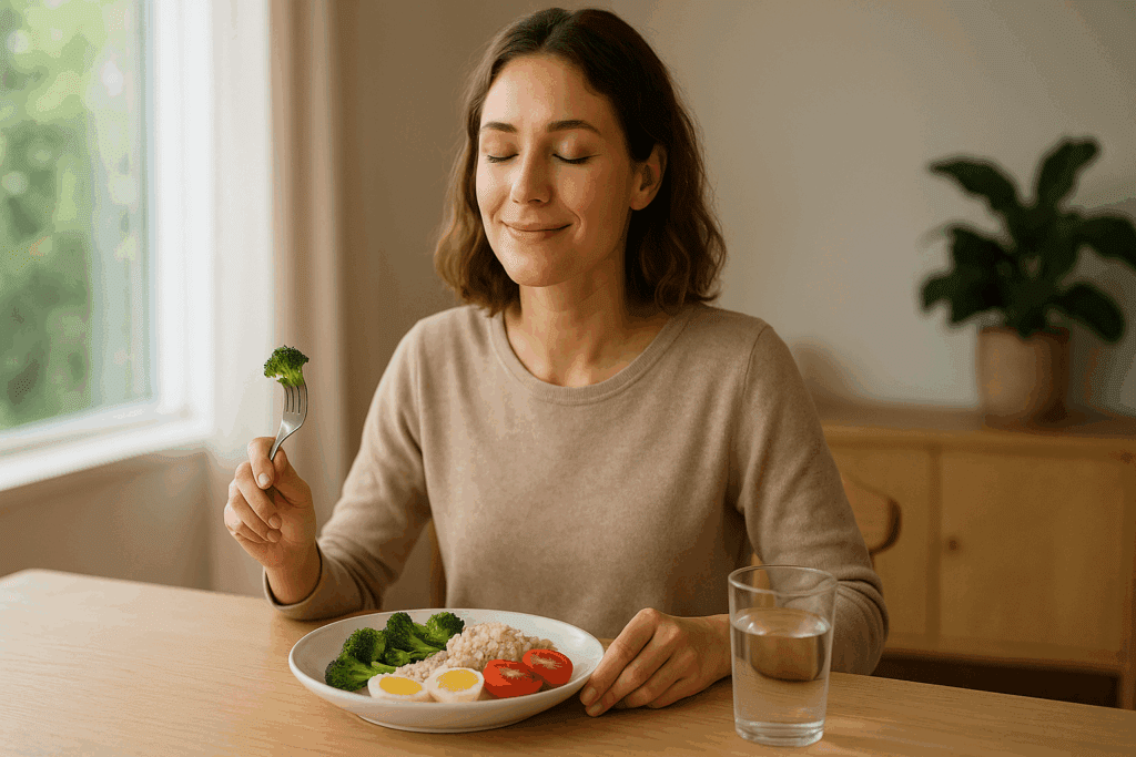 A young woman with light skin, sitting at a wooden table, savoring a healthy meal while practicing mindfulness. She smiles gently with her eyes closed, holding a fork with broccoli. The scene, filled with natural light and calm decor, embodies a mindful eating experience, reflecting how to break food addiction through conscious, slow enjoyment of food