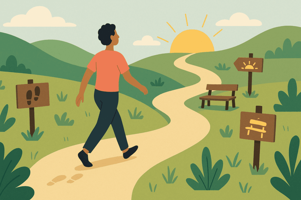 Person walking confidently on a winding path through nature, with signposts symbolizing progress, healing, and support, illustrating how to break food addiction and stay on the path to wellness
