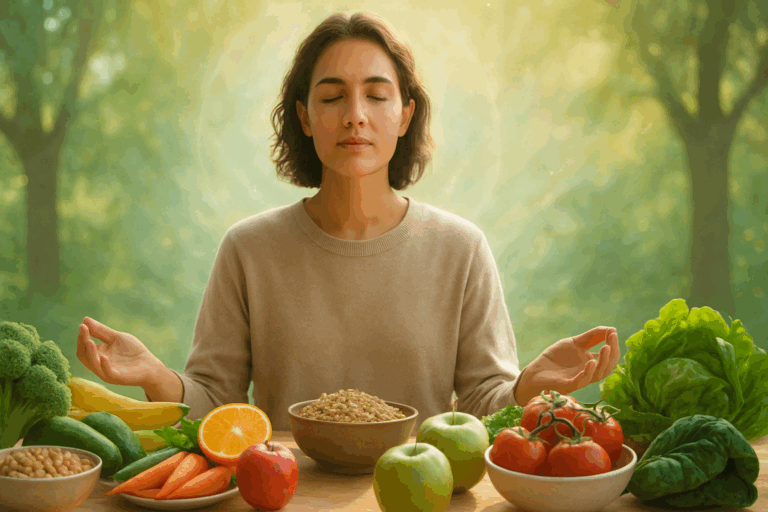 Person meditating peacefully at a dining table surrounded by healthy whole foods like fruits, vegetables, and grains, symbolizing inner peace and healing. The serene atmosphere with natural light and gentle breeze represents recovery and mindfulness, offering a visual guide on How to Break Food Addiction