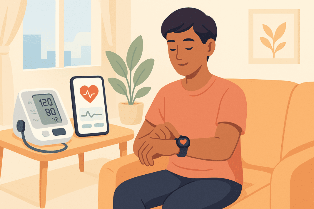 Person checking smartwatch for heart rate, with digital blood pressure monitor and smartphone app in a cozy living room, showing how to check heart health at home.
