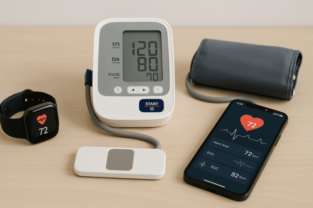 Smartwatch, digital blood pressure monitor, portable ECG device, and smartphone app on a wooden table demonstrating how to check heart health at home.