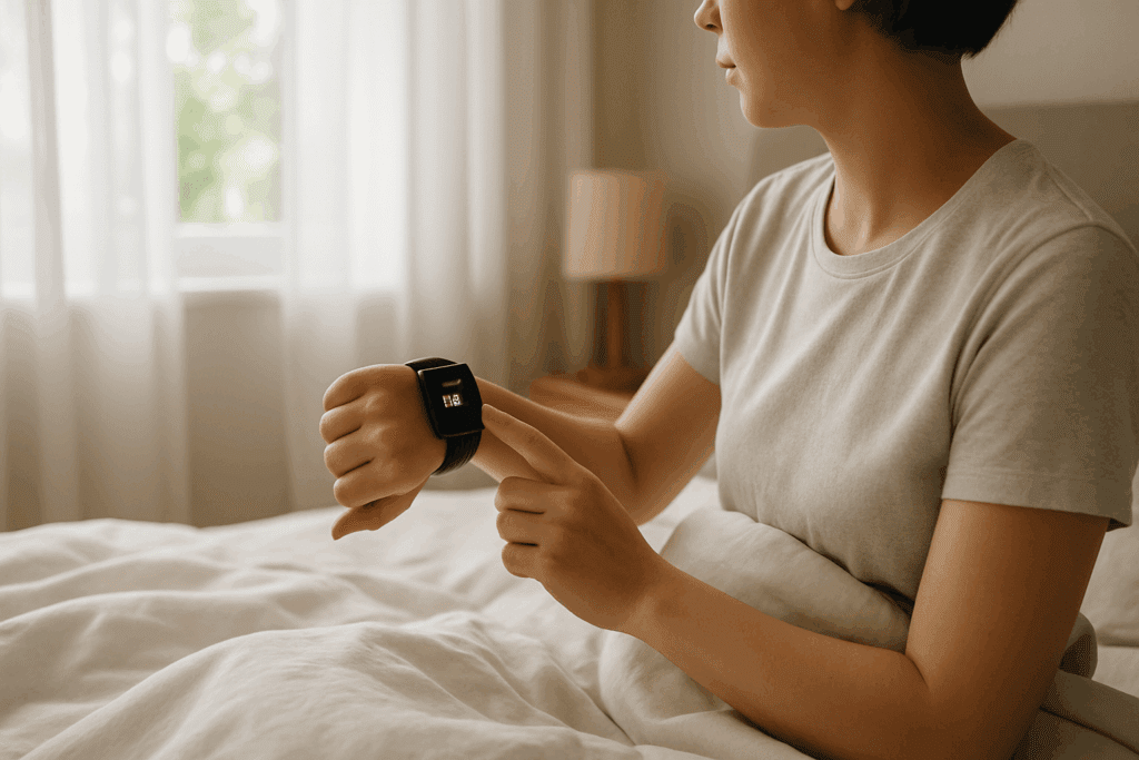 Person sitting up in bed checking their smartwatch for resting heart rate results, illustrating how to check heart health at home.