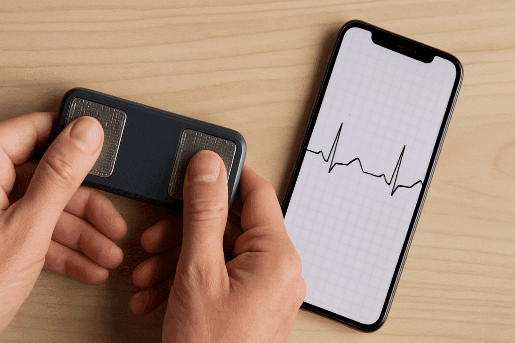 Hands using a handheld ECG monitor with a smartphone displaying a heart rhythm graph, illustrating how to check heart health at home.