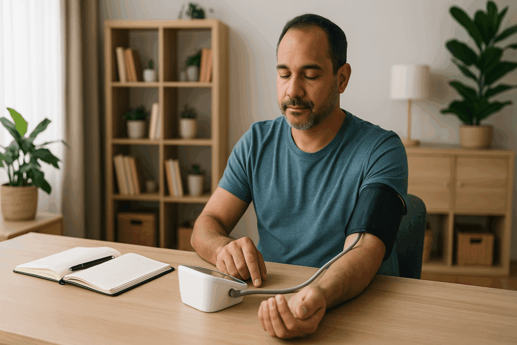 Person checking blood pressure with digital monitor in a cozy home office, showing how to check heart health at home.