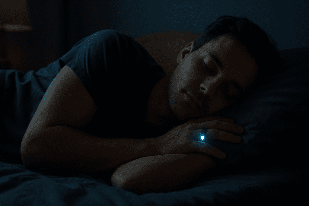 Sleeping man wearing a glowing fitness ring at night, tracking heart rate variability to illustrate how to check heart health at home.