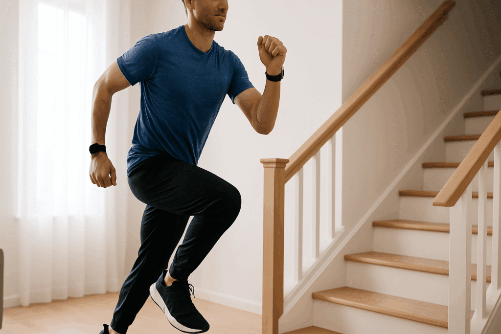 Man in athletic clothes briskly climbing stairs at home, mid-movement, wearing a smartwatch for a step test, illustrating how to check heart health at home.