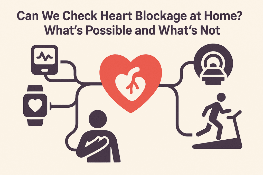 Infographic showing how to check heart health at home with icons for blood pressure monitors, fitness trackers, and symptom awareness, branching from a central heart graphic, alongside clinical methods like CT scans and stress tests."