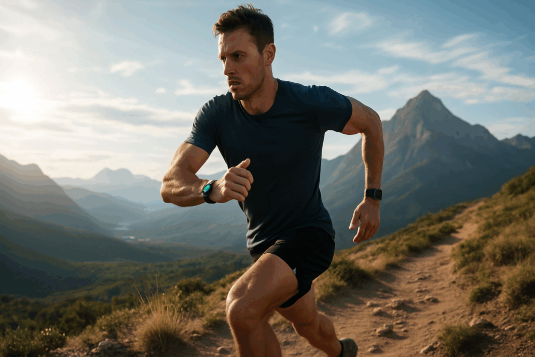 Athlete running uphill on a mountain trail wearing a glowing fitness tracker to determine max heart rate.