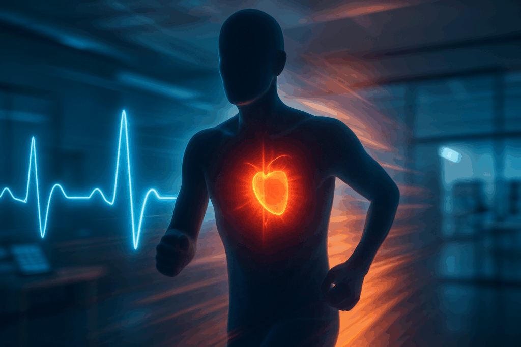 Athlete silhouette with glowing heart and ECG waves in a sports lab used to determine max heart rate during peak exertion.