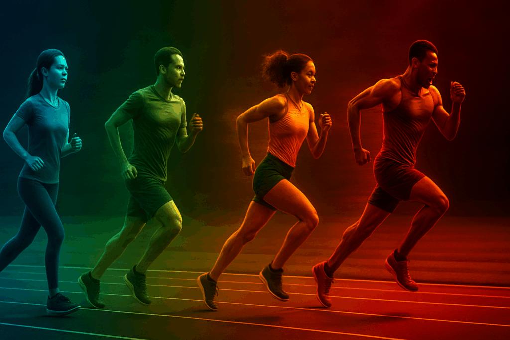Runners at varying intensities on a track, visually segmented by color to illustrate how to determine max heart rate through effort zones