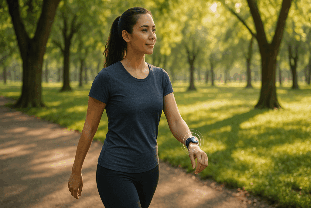 Woman walking in a sunlit park wearing a fitness tracker to determine max heart rate during everyday exercise.
