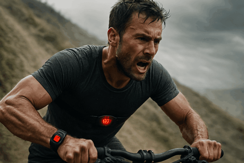 Exhausted cyclist climbing a steep hill with a chest strap and smartwatch used to determine max heart rate