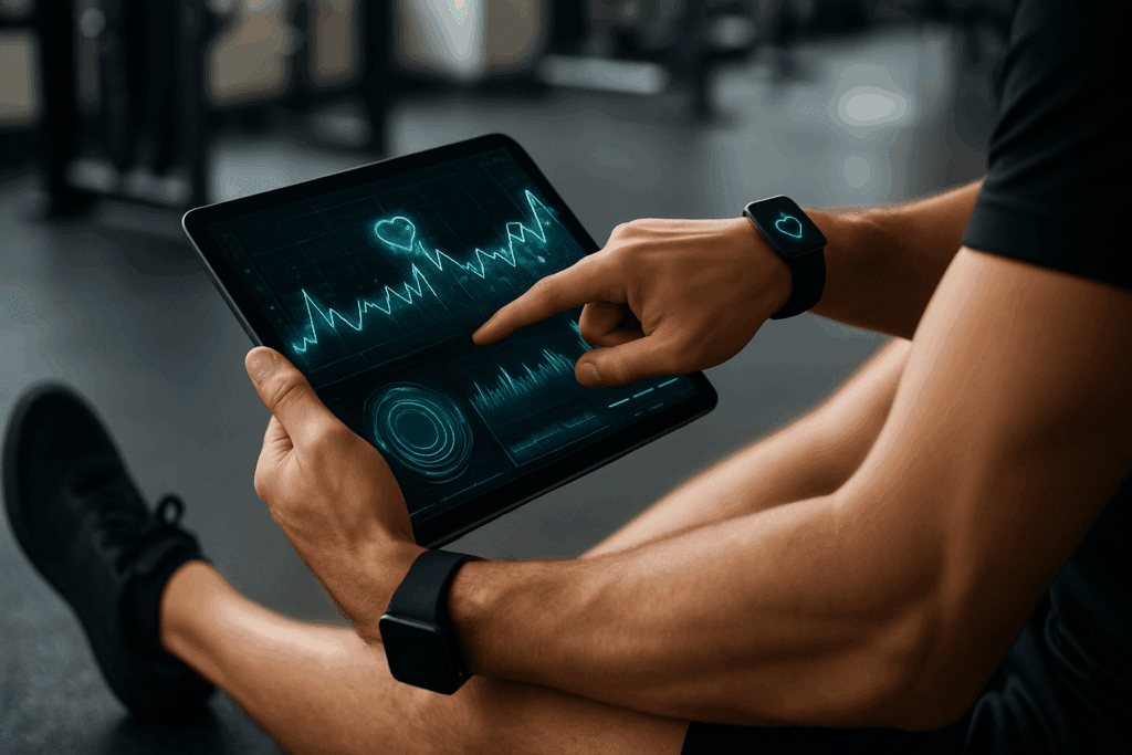 Person using tablet and smartwatch to determine max heart rate with futuristic heart rate graphs after workout in modern gym.