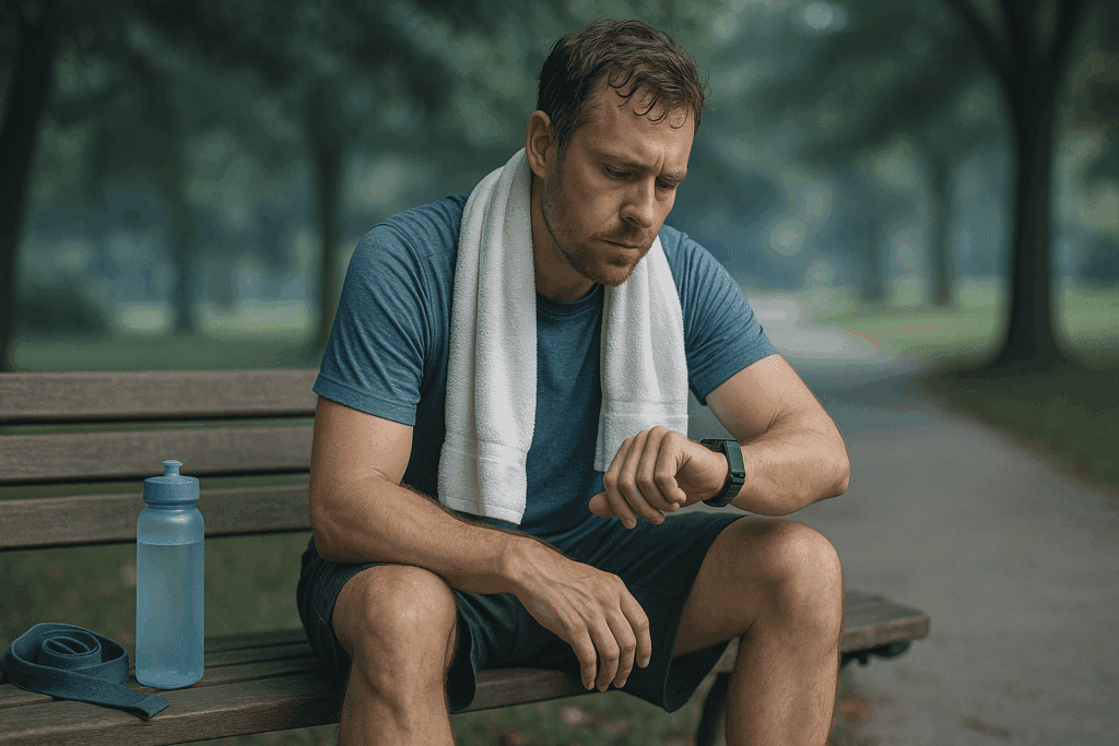 Fatigued runner checking fitness tracker in shaded park to determine max heart rate after workout.