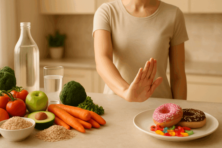 Person pushing away sugary donuts and candy while choosing whole foods like vegetables, grains, and water—showing how to detox from sugar.