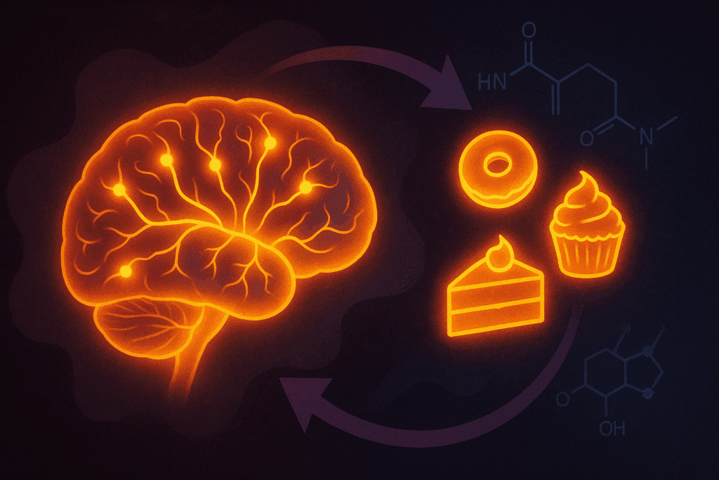 Glowing brain with dopamine pathways reacting to desserts, illustrating the addictive cycle in how to detox from sugar.