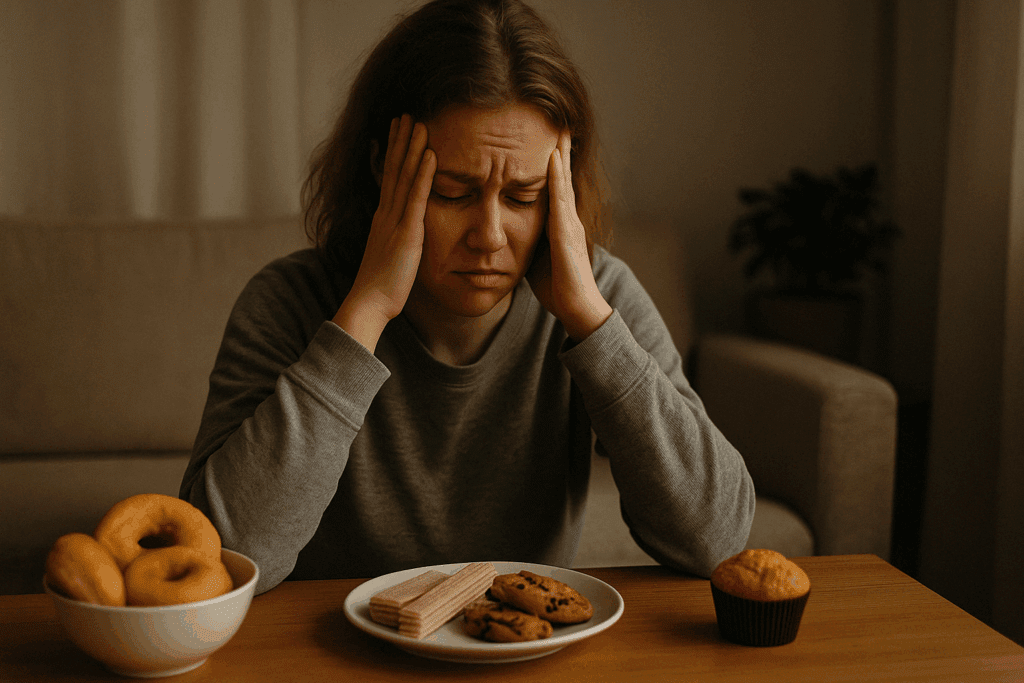 Tired woman with her head in hands, sitting near untouched sugary snacks, illustrating how to detox from sugar.