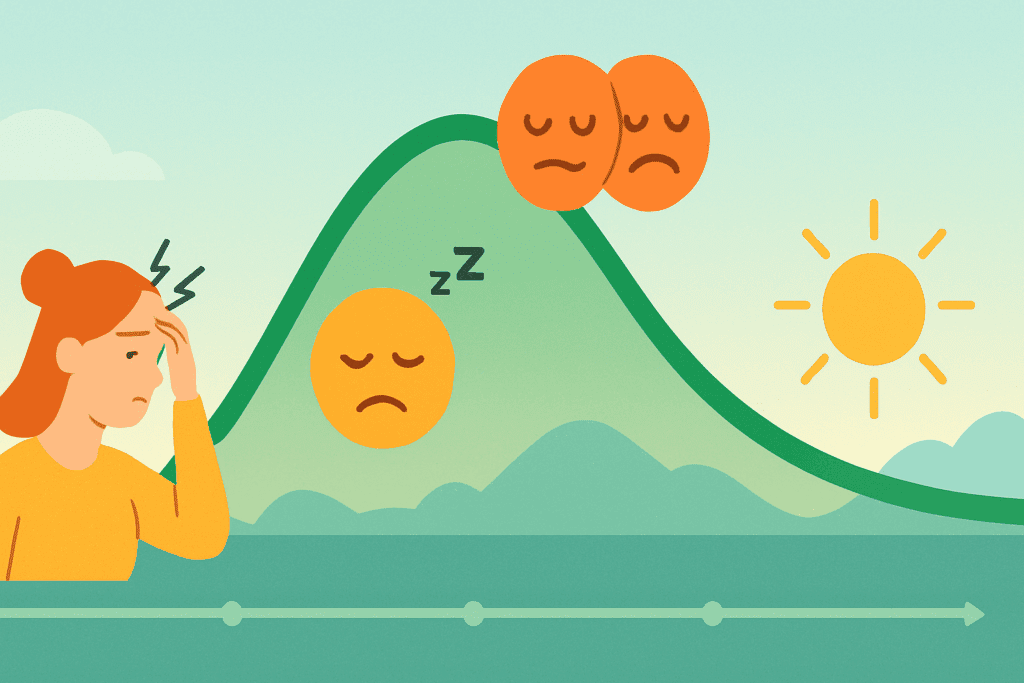 Infographic-style illustration visually depicting how to detox from sugar, showing symptoms like headache, fatigue, mood swings, and recovery with rising energy.