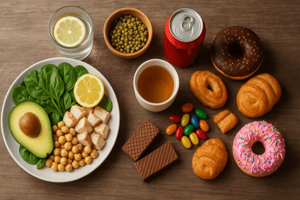 Healthy whole-food sugar detox meal with avocado, leafy greens, and lemon water next to sugary junk food, showing how to detox from sugar.