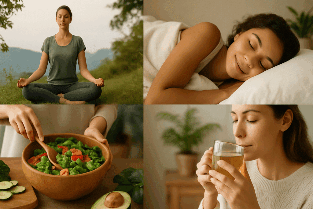 How to detox from sugar with natural strategies like yoga, restful sleep, healthy meals, and herbal tea in a serene setting