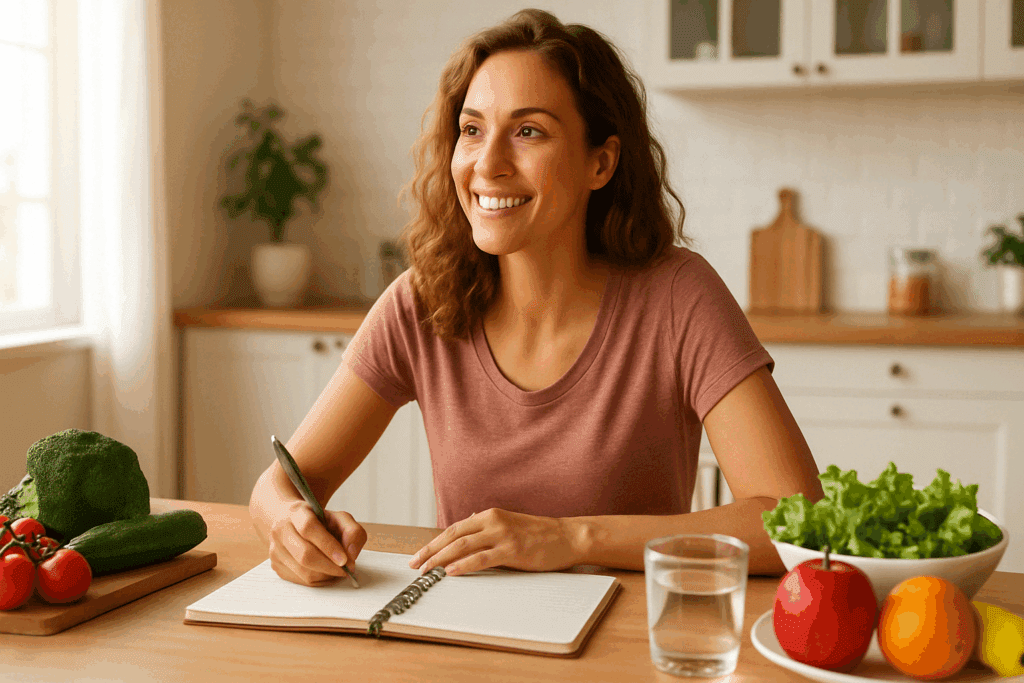 Woman journaling at a kitchen table with fresh produce, representing how to detox from sugar through mindful meal planning.