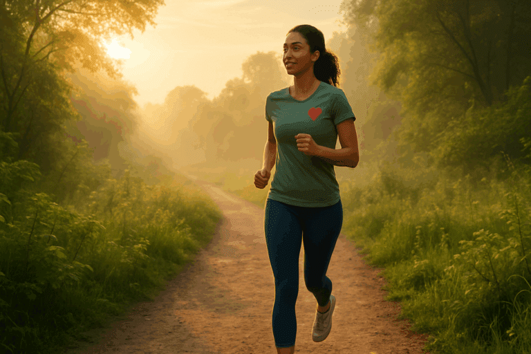 Serene woman jogging at sunrise through lush greenery, symbolizing how to exercise safely with bradycardia in a calm, heart-conscious way.