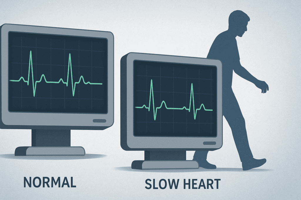 Medical illustration showing normal and slow heart rates on monitors with a cautious walker in the background, illustrating how to exercise safely with bradycardia.