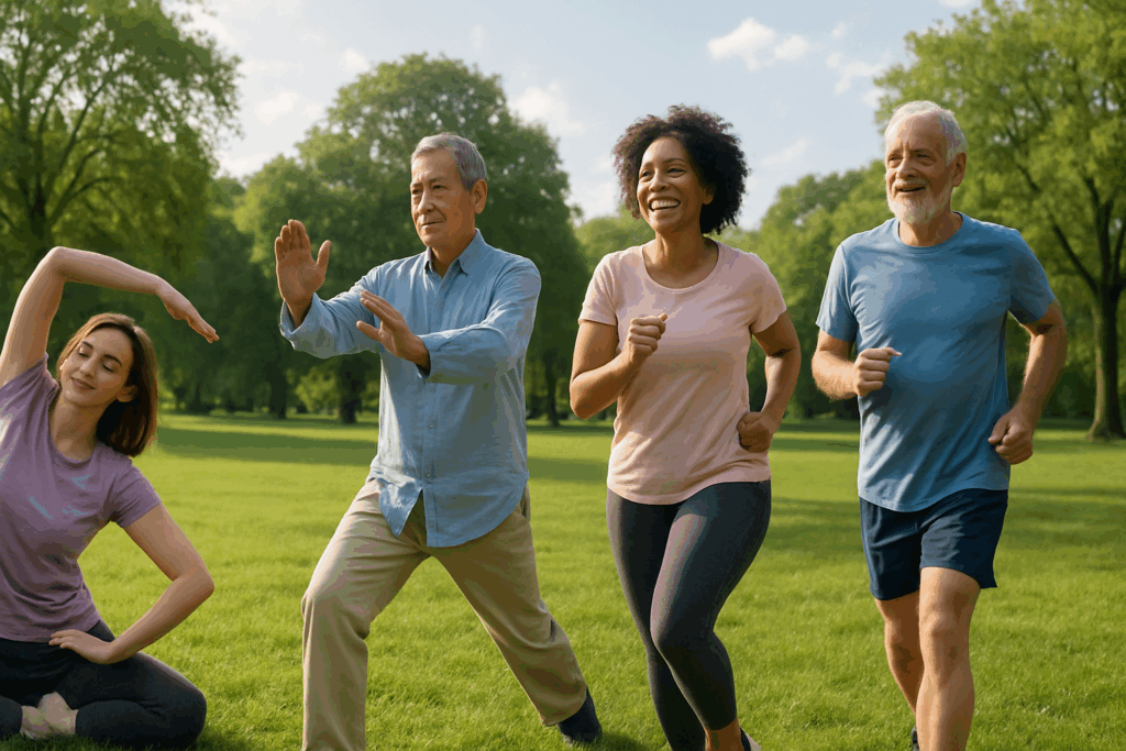Diverse group of adults practicing yoga, tai chi, and light jogging in a sunny park, illustrating how to exercise safely with bradycardia.