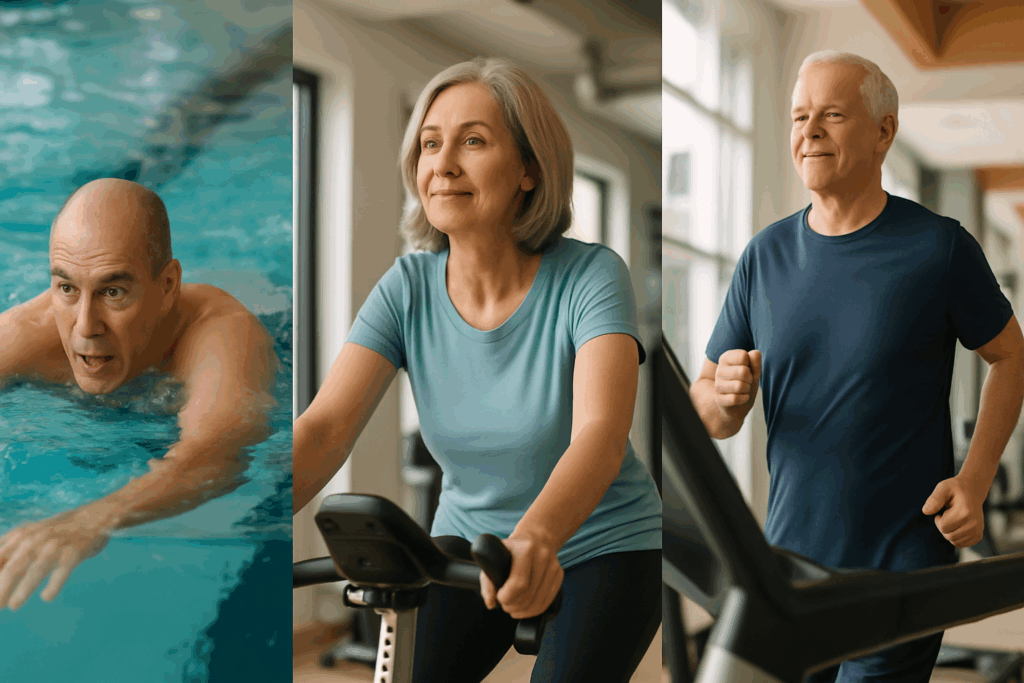 People demonstrating How to exercise safely with bradycardia by swimming, cycling on a stationary bike, and walking on a treadmill in a wellness center.