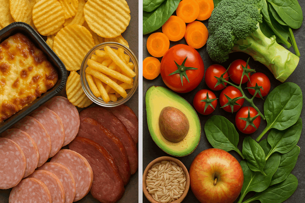 Split-screen showing unhealthy processed foods like chips and deli meats contrasted with heart-healthy vegetables, fruits, and grains, illustrating how to exercise safely with bradycardia.