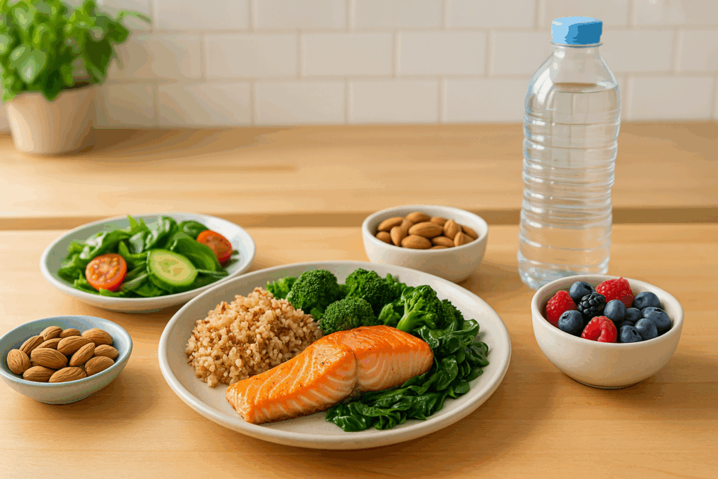 Heart-healthy meal plan featuring salmon, quinoa, leafy greens, almonds, berries, and water on a kitchen counter for How to exercise safely with bradycardia.