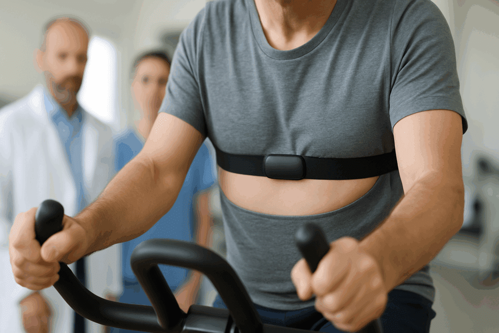 Person gently cycling on a stationary bike while wearing a chest-strap monitor, demonstrating how to exercise safely with bradycardia.