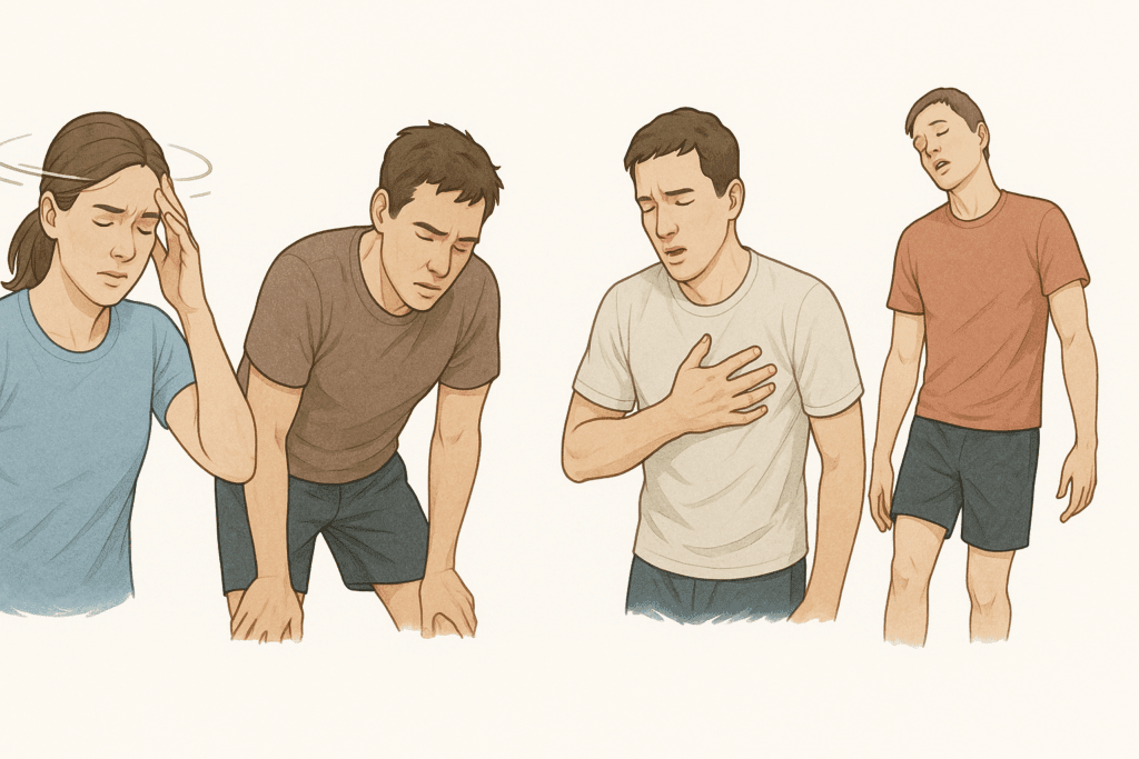 Medical-style illustrations showing dizziness, fatigue, chest tightness, and fainting symptoms during exercise for How to exercise safely with bradycardia.
